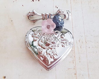 Vintage Silver Rose Heart Locket Pin Brooch with Flower Beads, Wedding Keepsake, Pin for Bouquet, Locket Charm Brooch, Space for 2 Photos