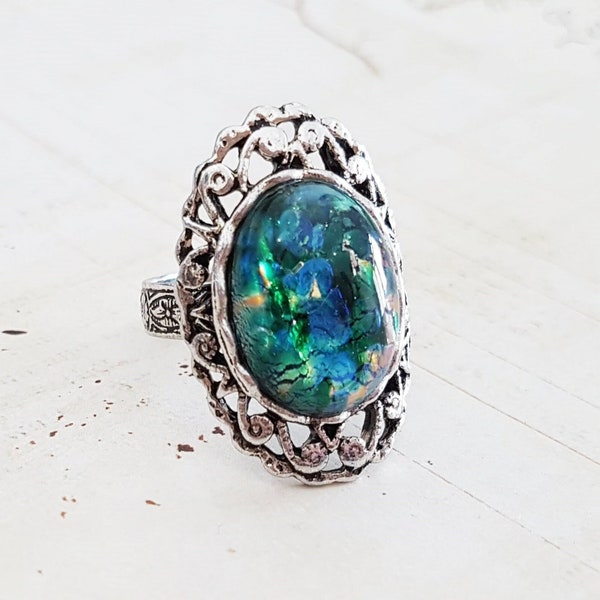 Smaragdgrüner Opalring, Antik Silber filigran verstellbarer Ring, Periode, Mittelalter, Tudor, elisabethanischen Ring, Vintage Glas Opal Cabochon