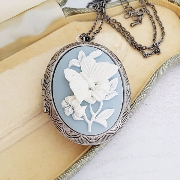 Blue Butterfly and Flowers Cameo Locket, Victorian Style Blue and White Lily Flower Locket, Antiqued Bronze or Gunmetal, Choose Your Length