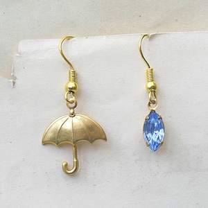 Raindrop and Umbrella Earrings with Blue Glass Crystal, Gold Filled or Surgical Hooks or Clips