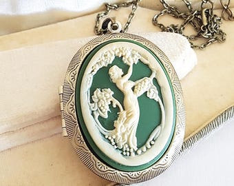 Saliegroene nouveau bloemendame camee medaillonketting, antiek brons, kies je lengte