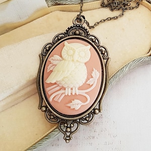 May include: A delicate white cameo owl pendant necklace with a pink background, set in an ornate bronze frame. The necklace is displayed in a velvet-lined jewelry box.