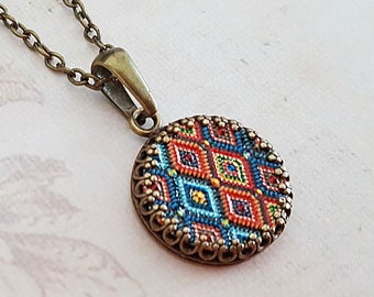 Moroccan Mosaic Necklace in Turquoise and Red, Antique Bronze Round Vintage Boho Tile Necklace, Choose Your Length