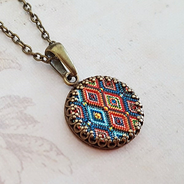 Moroccan Mosaic Necklace in Turquoise and Red, Antique Bronze Round Vintage Boho Tile Necklace, Choose Your Length