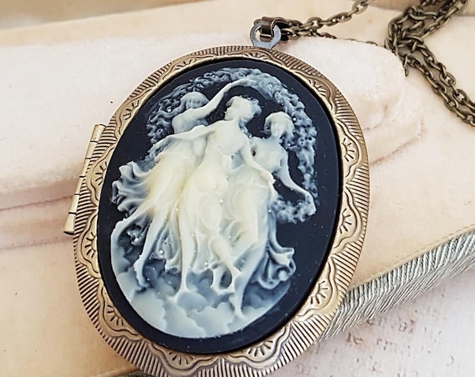 Three Muses Cameo Locket, Antique Bronze, Classical Ladies, Black and Cream, Choose Your Length