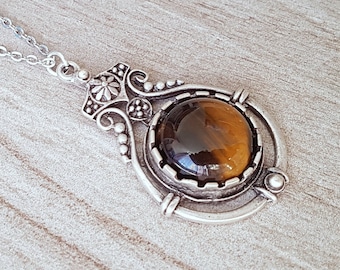 Shimmering Tigers Eye Necklace, Bold and Ornate Matte Antique Silver Plated Setting, Celtic Gemstone Necklace, Choose Your Length