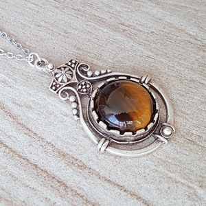 Shimmering Tigers Eye Necklace, Bold and Ornate Matte Antique Silver Plated Setting, Celtic Gemstone Necklace, Choose Your Length