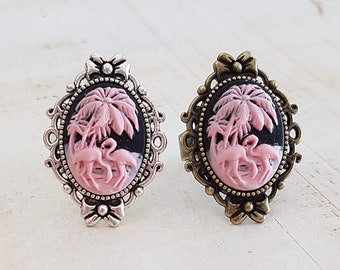 Vintage Style Flamingo Ring, Black and Pink Cameo Ring, Kitsch, 50s, Florida, Tropical, Tiki, Adjustable, Choose Bronze or Antique Silver