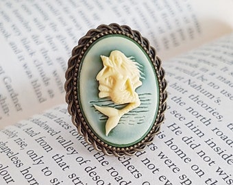 Mermaid Cameo Ring in Olive Green and Cream, Vintage Mermaid Adjustable Ring, Mermaid Jewelry, Choose Bronze or Silver