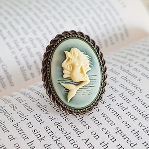 Mermaid Cameo Ring in Olive Green and Cream, Vintage Mermaid Adjustable Ring, Mermaid Jewelry, Choose Bronze or Silver