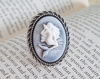 Mermaid Cameo Ring in White and Black, Adjustable Ring, Choose Bronze or Silver