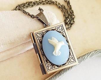 Hummingbird Blue Cameo Book Locket Necklace in Antique Bronze, Choose Your Length