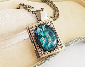 Emerald Green Opal Book Locket Necklace in Antique Bronze, Vintage Glass, Choose Your Length