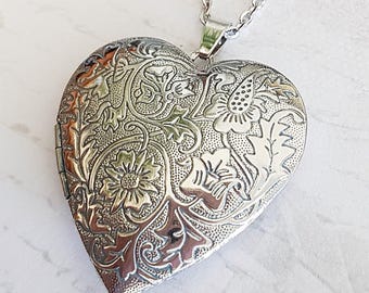 Engraved Large Heart Locket Necklace, Silver Plated Victorian Floral Keepsake, Choose Your Length