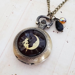 Lady and Moon Pocket Watch Necklace in Antique Bronze with Vintage Glass Beads, Celestial Witchy Wiccan, Fully Working Battery Included