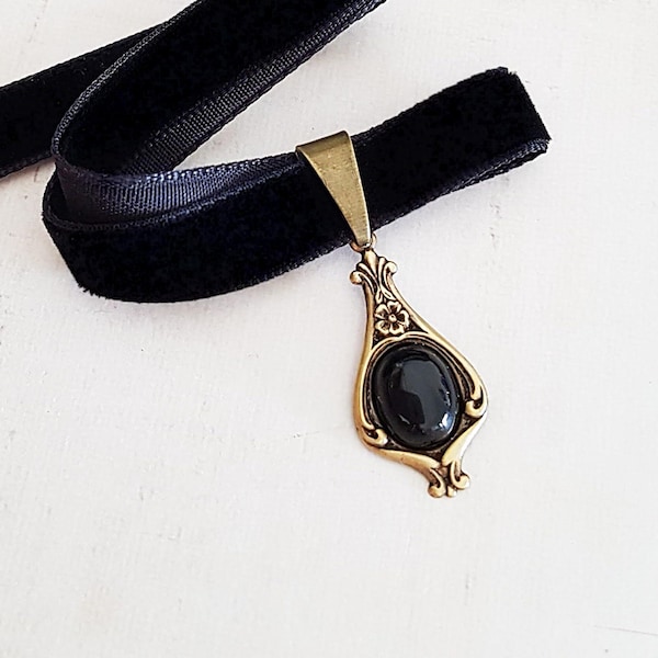 Onyx Jewel Black Velvet Choker, Art Nouveau Style Antique Brass, Choose Your Length