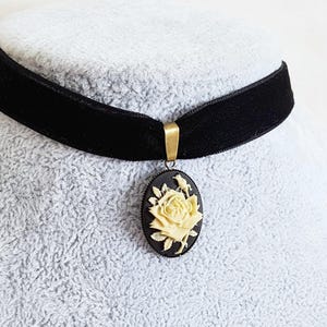 Black Velvet Gothic Cream Rose Cameo Choker in Antique Bronze, Choose Your Length