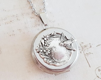 Vintage Silver Bird Locket Necklace with Antique Victorian Style Bird and Flower Garland, Swallow, Keepsake, Choose Your Length