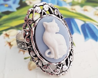 Blue and White Cat Cameo Ring, Filigree Adjustable Ring with Floral Band in Silver or Gold, Or Choose a Black and White Cat