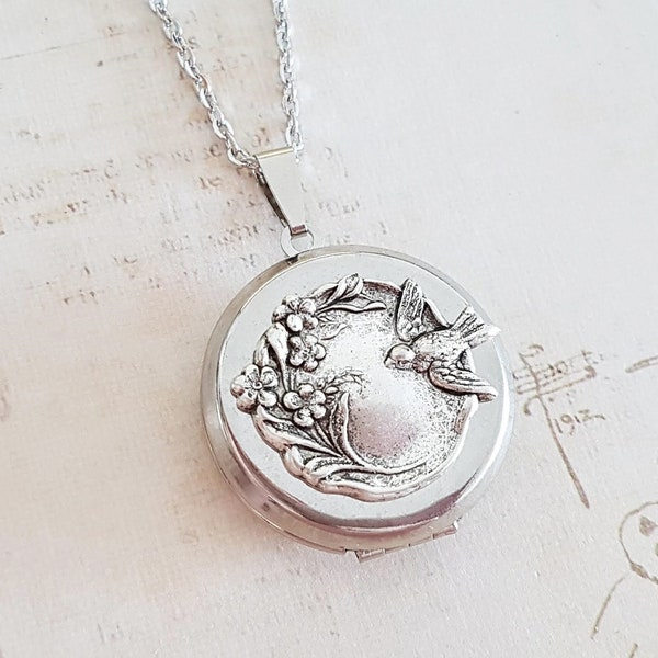 Vintage Silver Bird Locket Necklace with Antique Victorian Style Bird and Flower Garland, Swallow, Keepsake, Choose Your Length