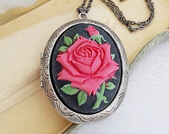 Rose Cameo Locket in Red, Green and Black, Vintage Victorian Style Rose Flower Locket, Antiqued Bronze or Gunmetal, Choose Your Length