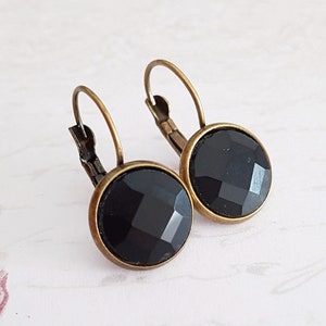 Vintage Jewelry, Art Deco Earrings, Jet Black Crystal Drop Earrings in Antique Bronze, Minimalist, Simple Classic Style