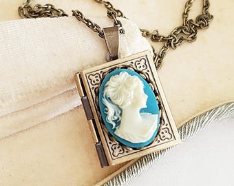 Teal Classical Lady Cameo Book Locket Necklace in Antique Bronze, Choose Your Length