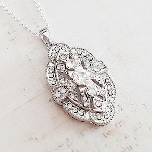 Art Deco Silver Oval Crystal Necklace, Vintage Style Rhinestone Great Gatsby, Sterling Silver or Plated Chain, Choose Your Length