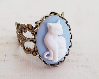 Cat Cameo Ring in Bronze, Filigree Light Periwinkle Blue and White Vintage Victorian Style Adjustable Ring