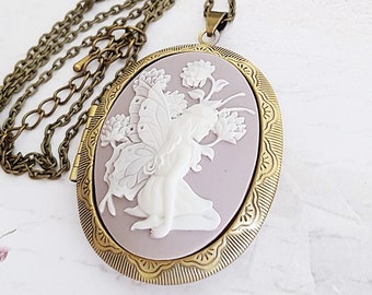 Lavender Fairy Cameo Locket in Antique Bronze, Purple Mauve Lilac, Choose Your Length