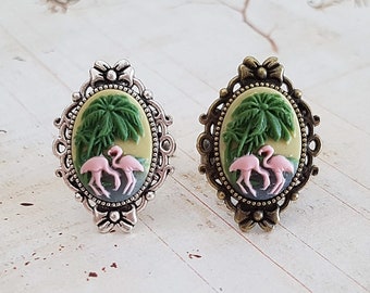 Vintage Style Flamingo Ring, Green and Pink Cameo Ring, Kitsch, 50s, Florida, Tropical, Tiki, Adjustable, Choose Bronze or Antique Silver