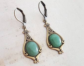 Vintage Green Aventurine Art Nouveau Earrings in Antique Brass, Green Natural Stone Cabochons, Bronze or Surgical Levers, Wires or Clips
