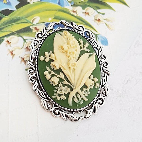 Maiglöckchen Cameo Brosche, Vintage viktorianische Blumenbrosche, grün und creme, Geschenk für Mutter, Schwester, wählen Sie Silber, Bronze oder Schwarz