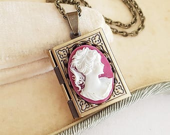 Pink Classical Lady Cameo Book Locket Necklace in Antique Bronze, Choose Your Length