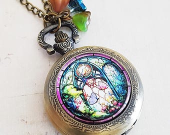 Art Deco Butterfly Pocket Watch Necklace, Stained Glass Effect, Bronze, Black or Silver