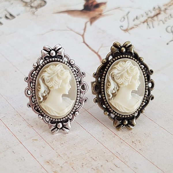 Vintage Victorian Lady Cameo Ring in Ecru and Cream, Light Coffee Oval Bronze or Antique Silver Adjustable Ring