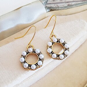 Pearl Circle Earrings in Gold, Pearl Hoops, White Faux Pearl Drop Earrings, Choose Gold Plated or Surgical Steel Wires or Screw Clips