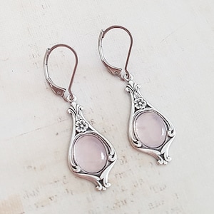 Vintage Pink Rose Quartz Art Nouveau Earrings in Antique Silver, Natural Stone Cabochons, Choose Surgical Levers, Wires or Plated Clips