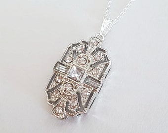Art Deco Silver Geometric Crystal Necklace, Vintage Pave Rhinestone Necklace, Great Gatsby, Sterling Silver Chain, Choose Your Length