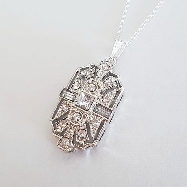 Art Deco Silver Geometric Crystal Necklace, Vintage Pave Rhinestone, Great Gatsby, Sterling Silver or Plated Chain, Choose Your Length