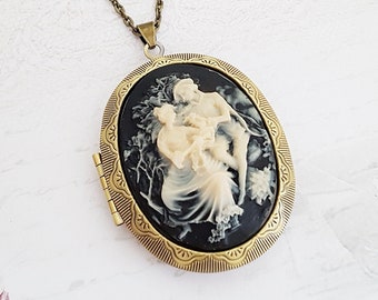Lovers camee medaillon in zwart en crème, Victoriaanse ketting in brons, kies je lengte