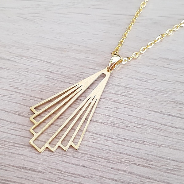 Art Deco Fan Drop Necklace in Brass, Minimalist Geometric Gold Plated, Choose Your Length