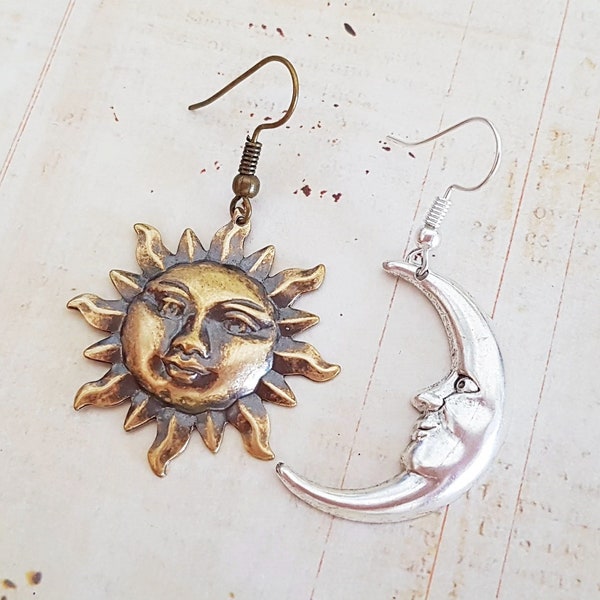 Mismatched Sun and Moon Earrings, Drop Earrings, Antique Gold Sun, Silver Moon, Plated, Surgical, Sterling Hooks, Studs, or Screw Clips