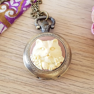 Coffee and Cream Cat Pocket Watch Necklace, Brown Cat Pocketwatch Necklace, Fully Working, Battery Included, Choose Your Length