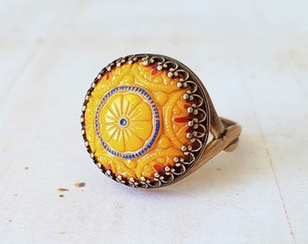 Vintage Orange Moroccan Style Ring in Antique Bronze, Vintage Czech Glass Mosaic Cabochon, Adjustable Ring, Also in  Antique Silver