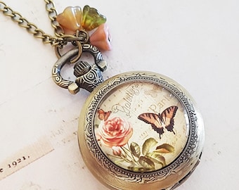 Butterfly Pocket Watch Necklace in Antique Bronze with Vintage Glass Flowers, Victorian Style, Fully Working Battery Included, Also Silver