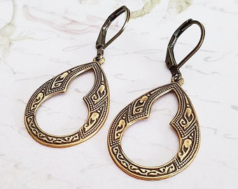 Art Nouveau Celtic Earrings in Antique Brass, Vintage  Style Teardrop Earrings, Bronze or Surgical Levers, Hooks or Screw Clips