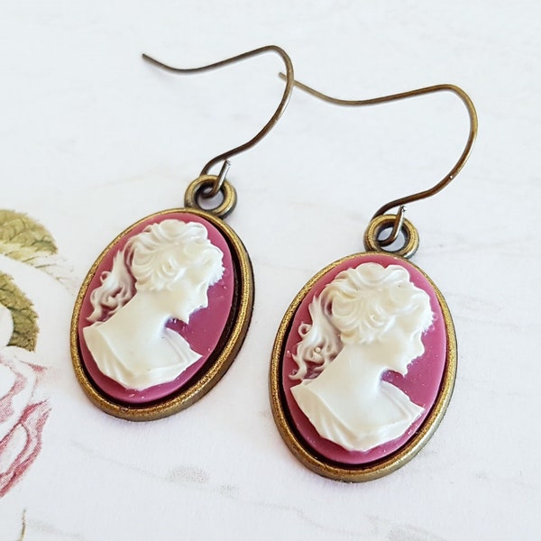 Mulberry Vintage Victorian Lady Cameo Drop Earrings, Dark Raspberry Pink and White Goddess Maiden Earrings, Bronze or Surgical Steel Wires