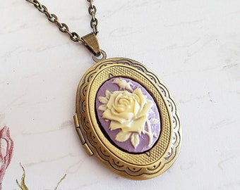 collier médaillon vintage rose mauve et crème en bronze, médaillon camée fleur violet clair, souvenir, médaillon photo, longueur au choix