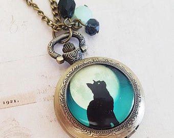 Moonlight Cat Taschenuhr Halskette, Schwarze Katze, Vollmond, Bronze, Schwarz oder Silber